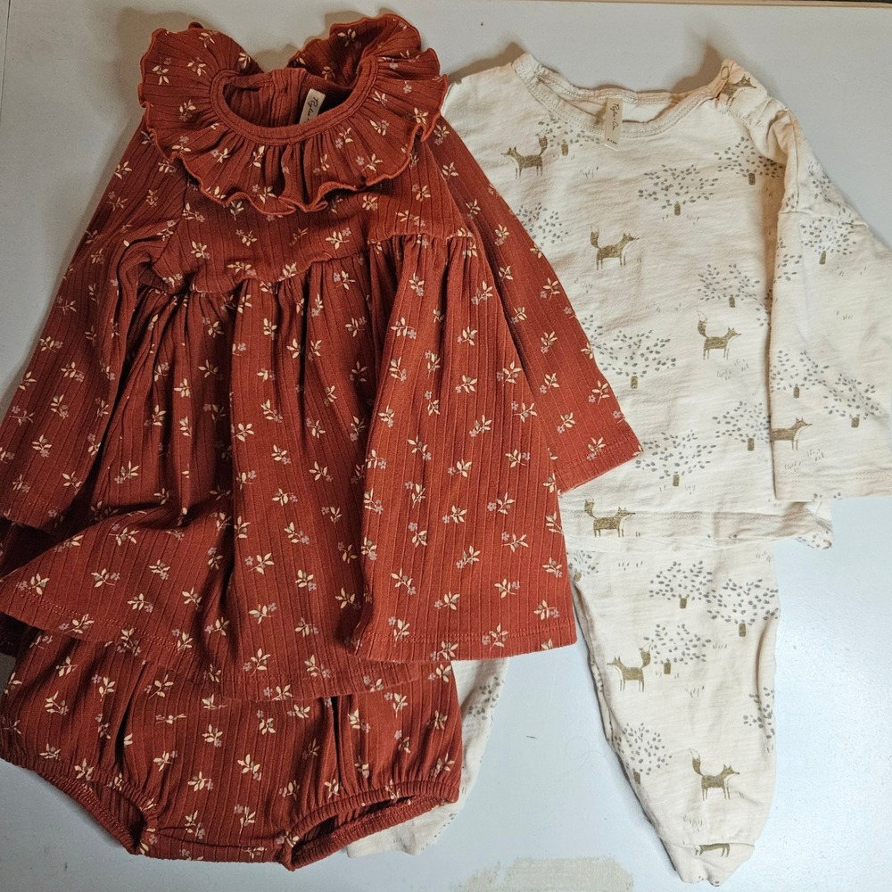 Rylee + Cru Baby Girl 6-12M Bundle Fox Print Set & Ribbed Floral Dress Bloomer